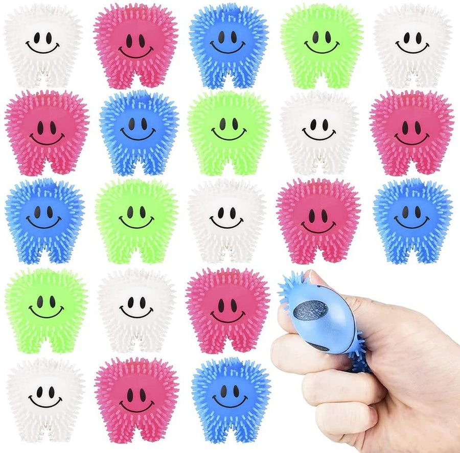 ArtCreativity Mini Tooth Puffers, Set of 24, Squeezy Toys for Kids with Soft Spikes, Sensory Fidget Toys for Stress Relief in Assorted Colors, Goodie Bag Stuffers, and Dentist Office Giveaways