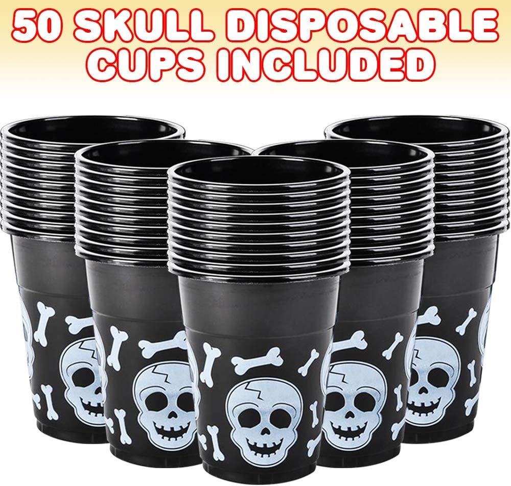 ArtCreativity 16oz Skull Disposable Party Cups, Set of 50, Plastic Party Cups for Halloween or Pirate Events, Spooky Skull and Bones Design, Fun Pirate Party Supplies, Black and White