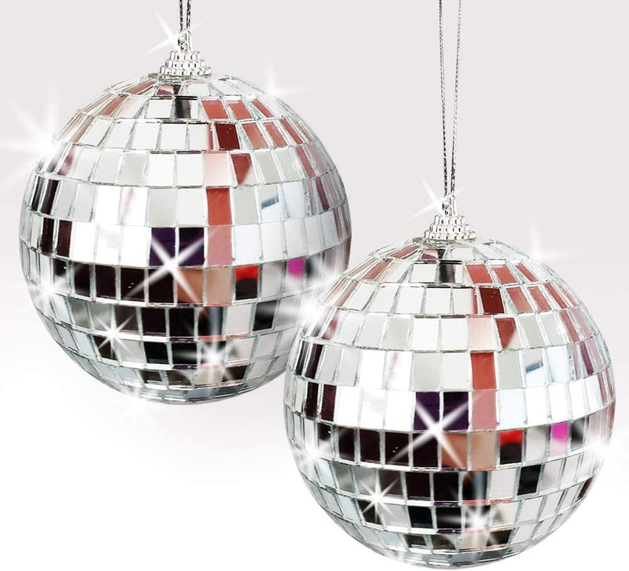 ArtCreativity 4 Inch Mirror Disco Ball, Set of 2, Silver Disco Balls with Hanging String for Parties, Birthdays, & Weddings, 90’s Disco Party Decorations and Supplies, Ceiling Décor Disco Accessories