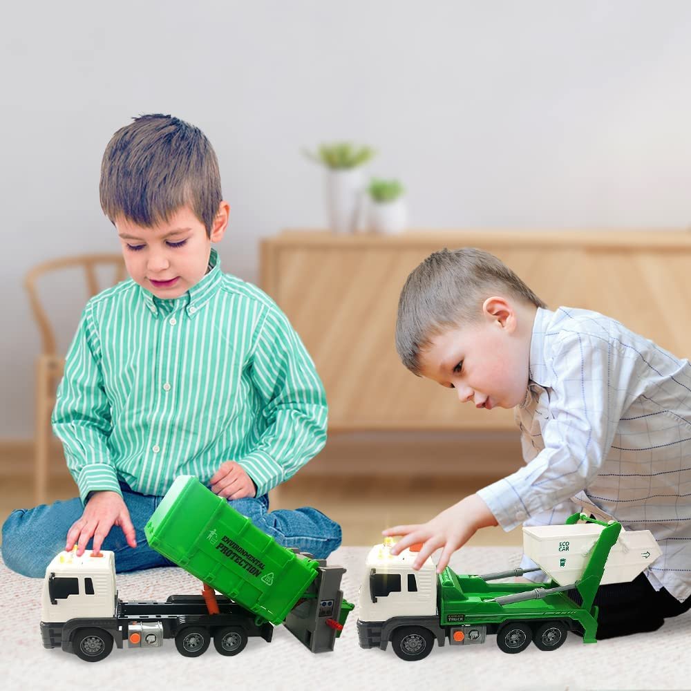 ArtCreativity Sanitation Trucks Set, Pack of 2, Light Up Garbage Trucks for Boys and Girls with Movable Parts, Sound, and LEDs, Push and Go Toy Sanitation Truck Set, Car Toys for Kids Ages 3 and Up