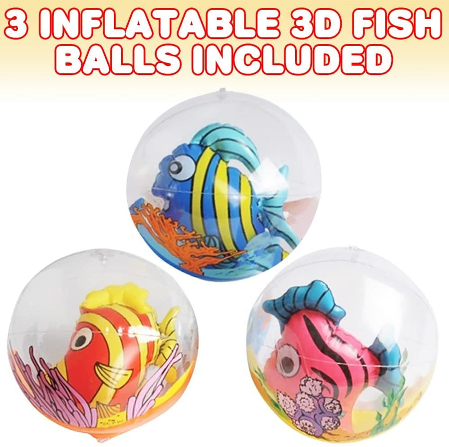 ArtCreativity 3D Fish Beach Balls for Kids, Set of 3, Clear Balls with Colorful Fish Inside, Inflatable Swimming Pool Toys and Aquatic Party Decorations, Underwater Party Supplies and Favors