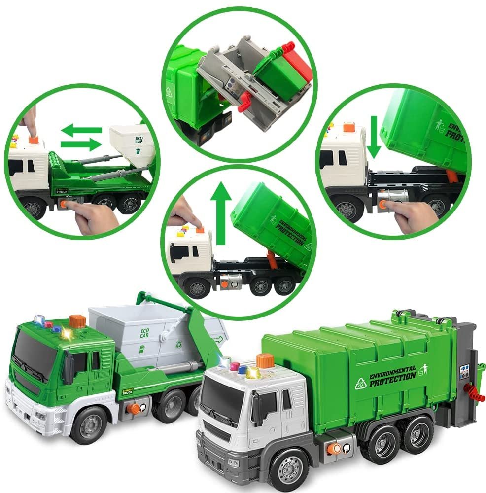 ArtCreativity Sanitation Trucks Set, Pack of 2, Light Up Garbage Trucks for Boys and Girls with Movable Parts, Sound, and LEDs, Push and Go Toy Sanitation Truck Set, Car Toys for Kids Ages 3 and Up