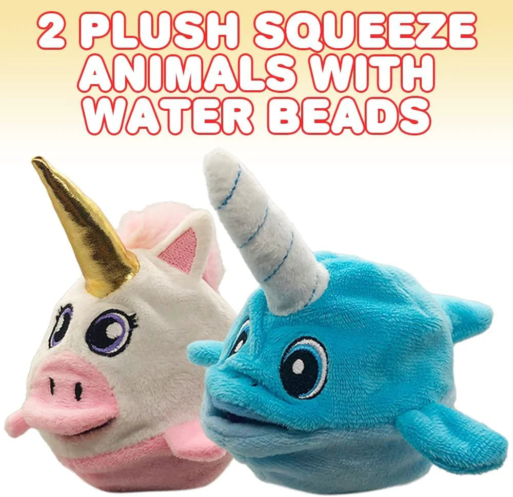 ArtCreativity Plush Animal Toys with Squeezy Water Beads, Set of 2 Small Stuffed Animals, Includes 1 Unicorn and 1 Whale Plush Toy, Stress Relief Anxiety Toys, Cute Stuffed Animal for Boys and Girls,