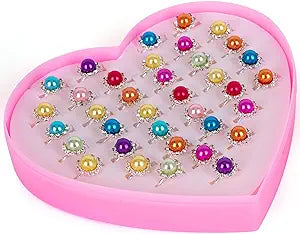 ArtCreativity Little Girls Ring Set - Set of 36 Rings for Girls - Multi-Colored Kids’ Rings in Heart Window Box - Little Girls Jewelry for Dress Up and Accessorizing - Adjustable Rings for Ages 4-10