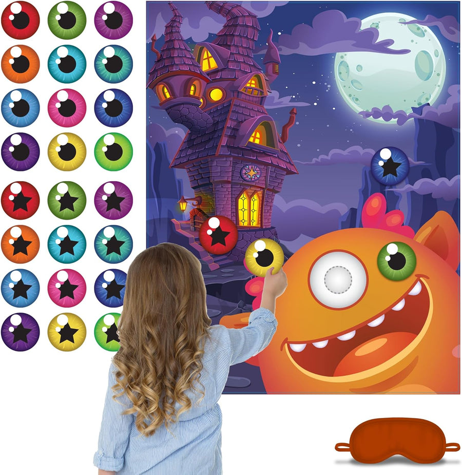 ArtCreativity Pin The Eye on The Monster Party Game - Halloween Party Activity with 1 Sign, 24 Eye Stickers, and 1 Eye Mask - Halloween Party Supplies - Accommodates Up to 24 Players